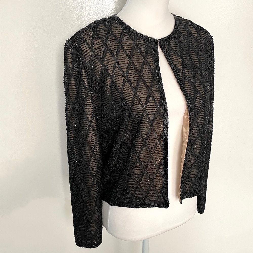 90s Elegant Black Beaded Black Tie Oleg Cassini Evening Jacket - Picture 2 of 6
